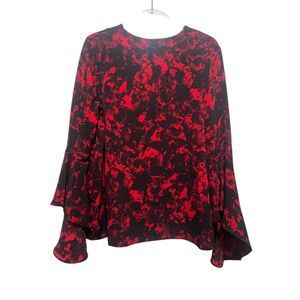 Olivia & Grace Red & Black Abstract Flowy Bell Flounce Sleeve Top Size L NWT